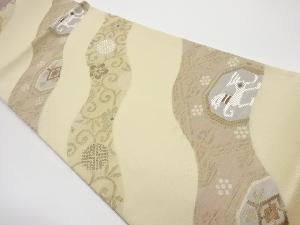 リサイクル　紙布笹蔓緞子に抽象動物模様織出し袋帯